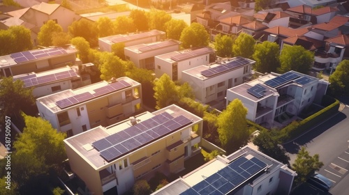  drone view of residential houses with photovoltaic solar. Created with generative AI.