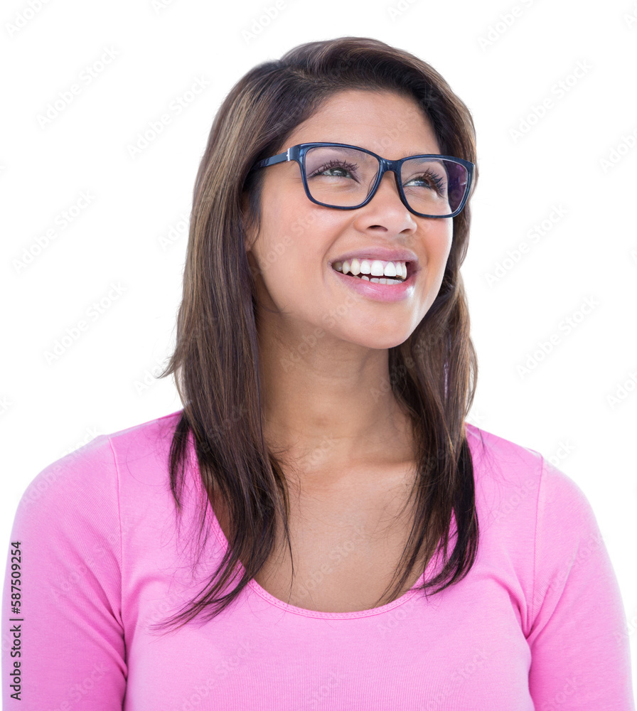 Cheerful woman wearing geek glasses looking away