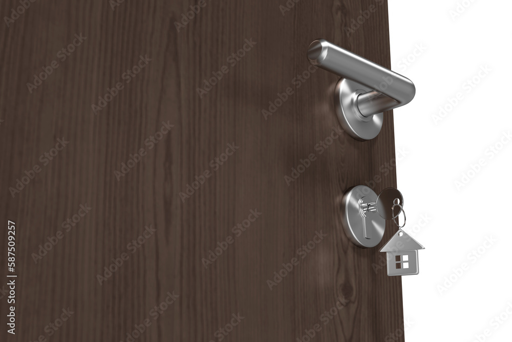 Naklejka premium Low angle view of brown door with house key