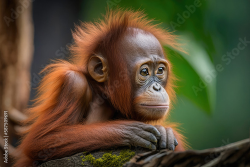 a baby orangutan in the jungle. Generative AI