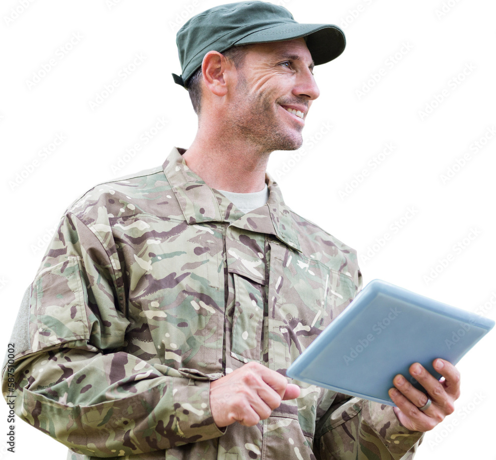 Smiling army man holding digital tablet Smiling army man holding digital tablet