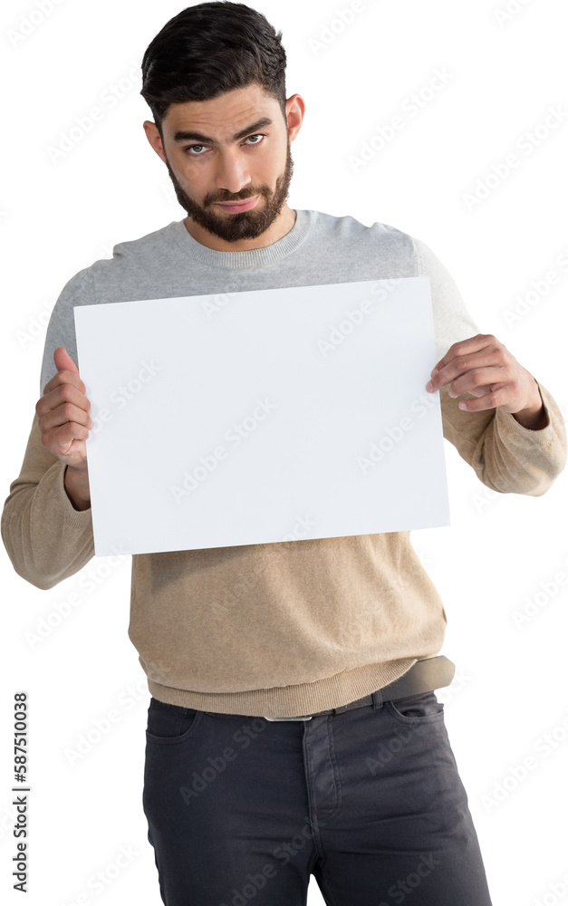 Portrait of man holding white blank sheet Portrait of man holding white blank sheet