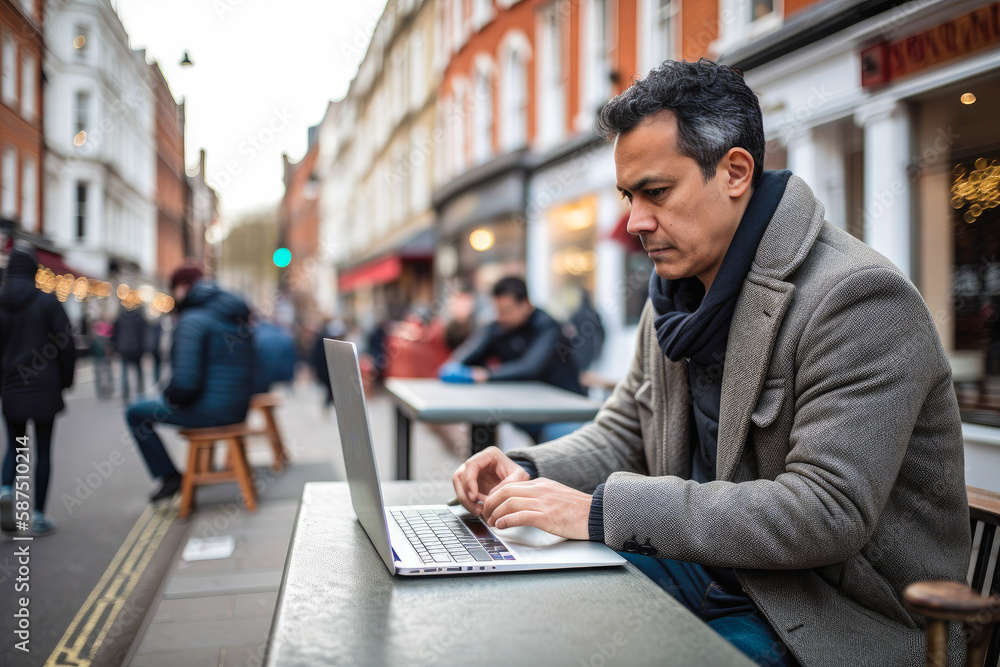 Man using a laptop in the middle of London. Student or freelancer lifestyle. High quality generative ai Man using a laptop in the middle of London. Student or freelancer lifestyle. High quality generative ai