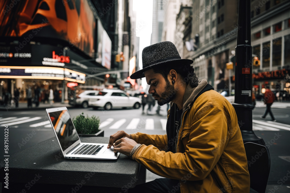 Man using a laptop in the middle of New York. Student or freelancer lifestyle. High quality generative ai