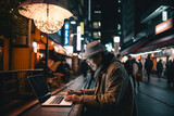 Asian man using a laptop in the middle of Tokio. Street lifestyle. High quality generative ai