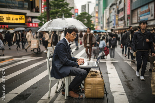Asian man using a laptop in the middle of Tokio with umbrella. Street lifestyle. High quality generative ai