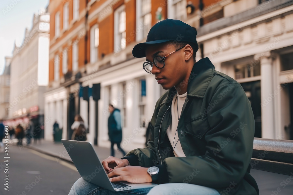 Black man using a laptop in the middle of London. Student or freelancer lifestyle. High quality generative ai
