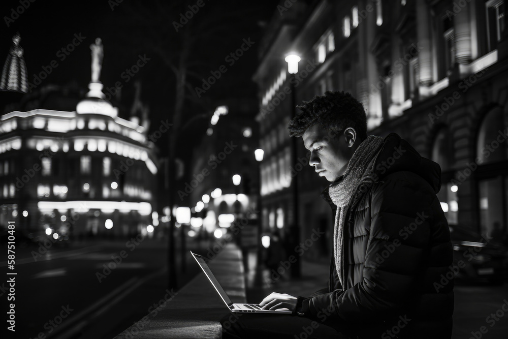 Black man using a laptop in the middle of London. Student or freelancer lifestyle. High quality generative ai Black man using a laptop in the middle of London. Student or freelancer lifestyle. High quality generative ai