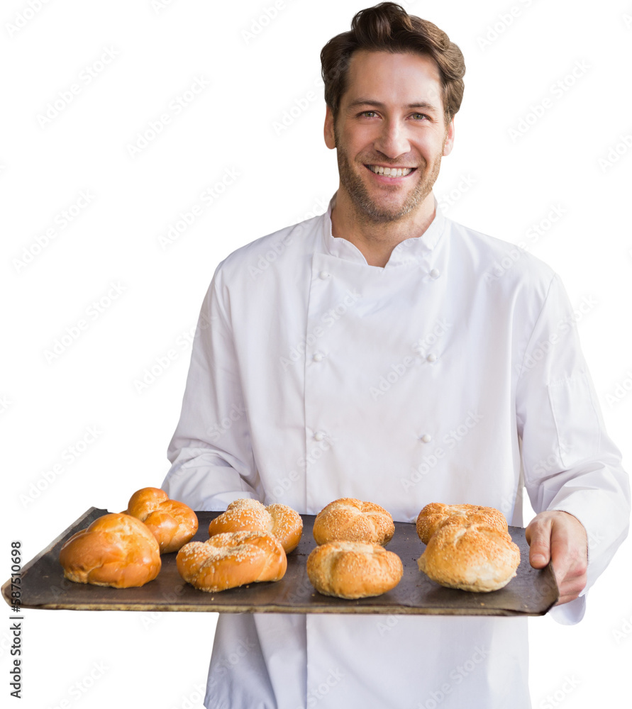 Portrait of male chef holding tray with bread Portrait of male chef holding tray with bread