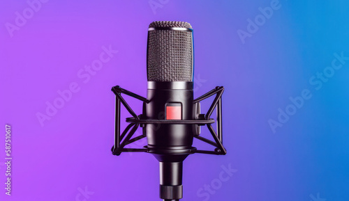 Studio Podcast Microphone on Gradient Neon Background. Generative AI