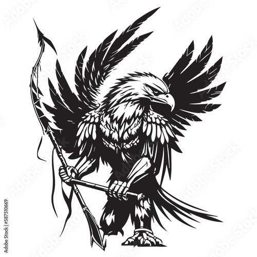 Angry face mascot eagle hawk holding spear sword weapon. black white line art vector illustration
