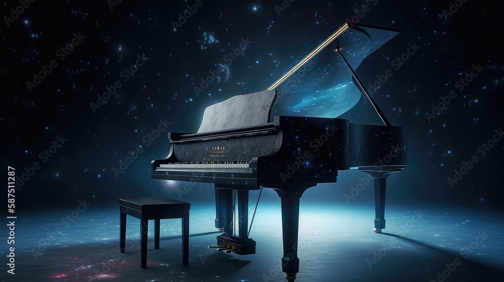 Piano with the universe as a background. Created with generative AI. - obrazy, fototapety, plakaty 