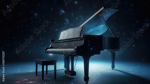 Piano with the universe as a background. Created with generative AI. photo