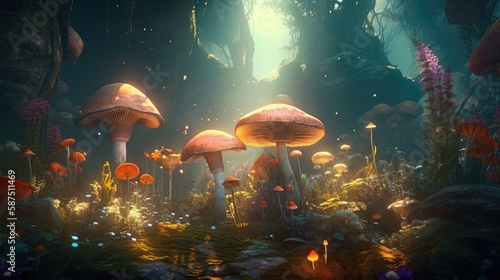 mushroom growing in a magical forest. Created with Generative AI.