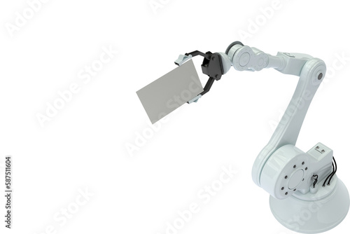 High angle view of robot hand holding placard
