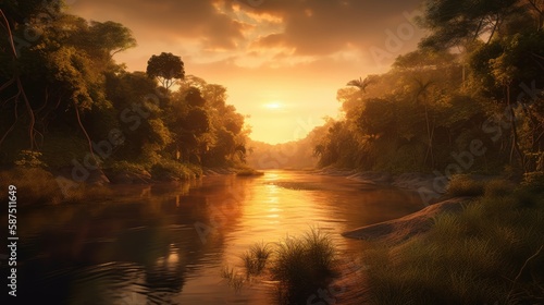 Tropical jungle landscape with Amazon jungle river at sunset. Created with Generative AI. photo