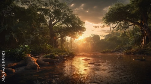Tropical jungle landscape with Amazon jungle river at sunset. Created with Generative AI. © lchumpitaz