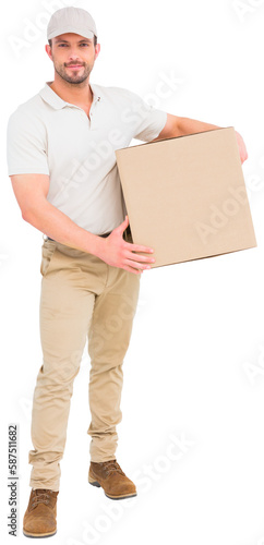Delivery man carrying cardboard box 