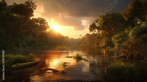 Tropical jungle landscape with Amazon jungle river at sunset. Created with Generative AI. photo