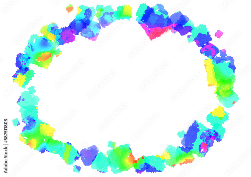 きれいなレインボーの水彩風の円形枠素材　透過PNG　虹色　カラフル