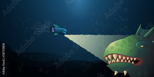 An illustration of a submarine underwater finding A horrifying monster. 
