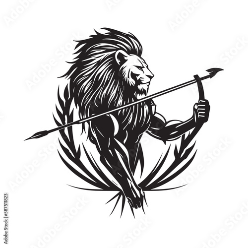 Angry face mascot lion king holding spear sword weapon. black white line art vector illustration