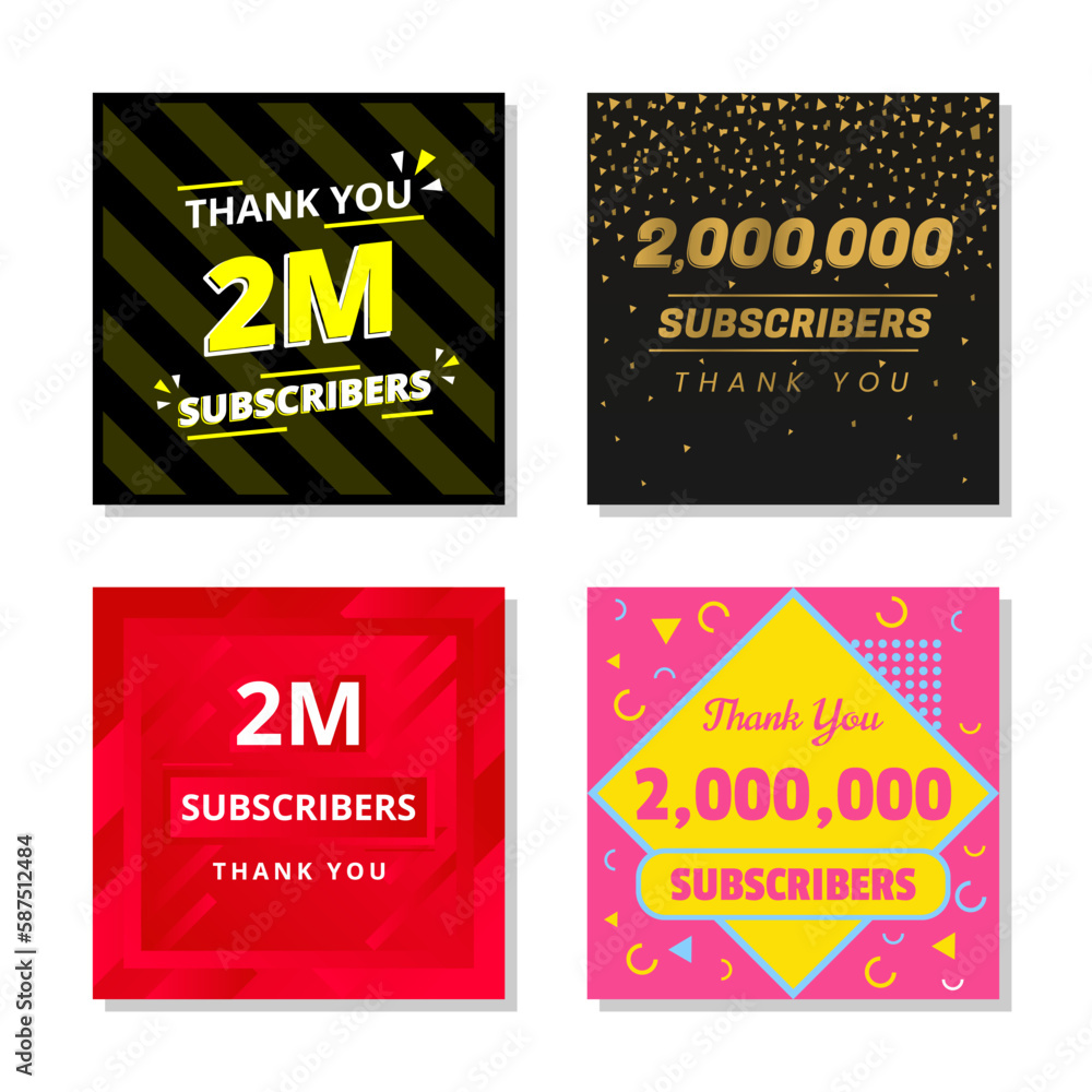 Thank you 2m subscribers set template vector. 2000000 subscribers. 2m subscribers colorful design vector. thank you two million subscribers