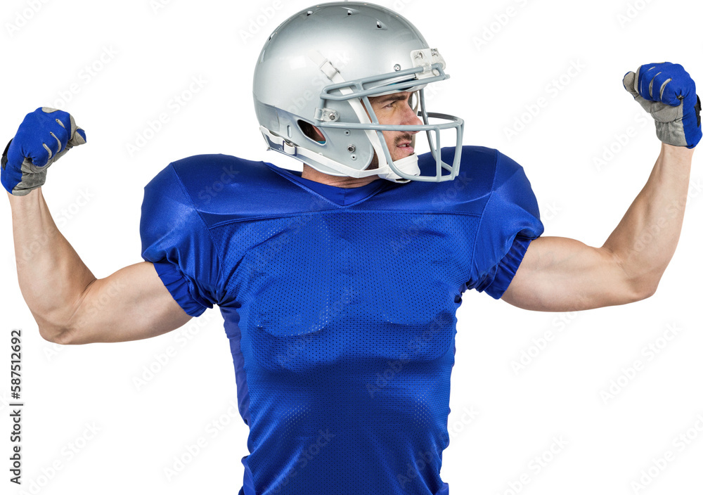 American football player flexing muscles