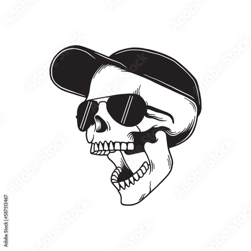 Illustration of skull in baseball cap and sunglasses. Design element for shirt design, logo, sign, poster, banner, card. Vector illustration