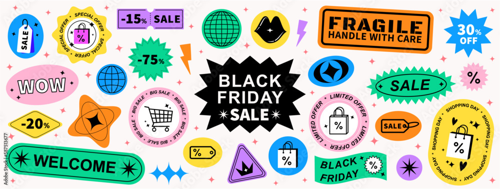 © Sugey Ilustra - Set of cool trendy sale stickers for business. Black Friday sale. Geometric elements for a store sale, online promotion or social media posts. Brutalism aesthetic.