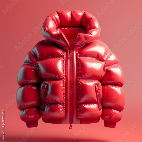 Glossy red puffy jacket. Generative AI photo