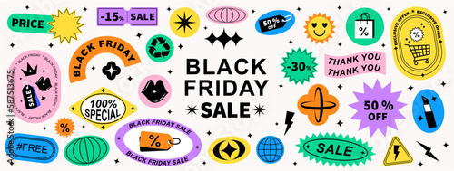 Set of cool trendy sale stickers for business. Black Friday sale. Geometric elements for a store sale, online promotion or social media posts. Brutalism aesthetic.