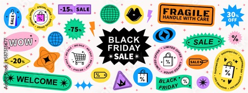 Set of cool trendy sale stickers for business. Black Friday sale. Geometric elements for a store sale, online promotion or social media posts. Brutalism aesthetic.