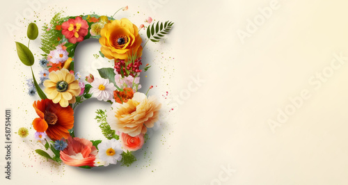 Number 8 made of flowers and petals on white empty wide background for banner mothers day, International Women's Day background with paper flowers and copy space, Generative AI