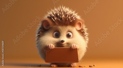 Cute Cartoon hedgehog holding a Blank Sign. Created with Generative AI.