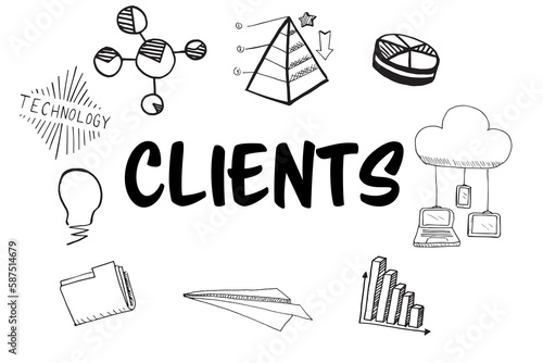 Clients text amidst several vector icons
