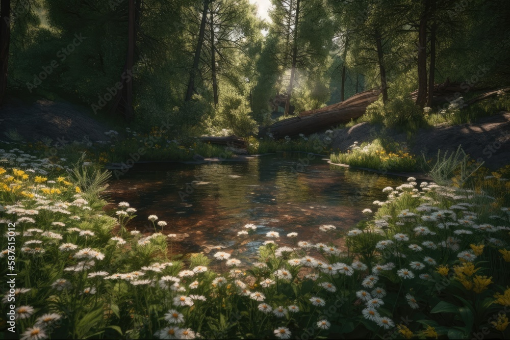 serene forest stream painting with vibrant colors and natural details. Generative AI