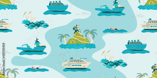 Children holiday travel theme, Illustration of seamless pattern backpacker on a hill looking at the ocean and ships on the beach Half drop brick method