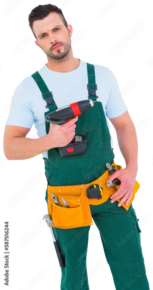 Construction worker holding power drill Construction worker holding power drill