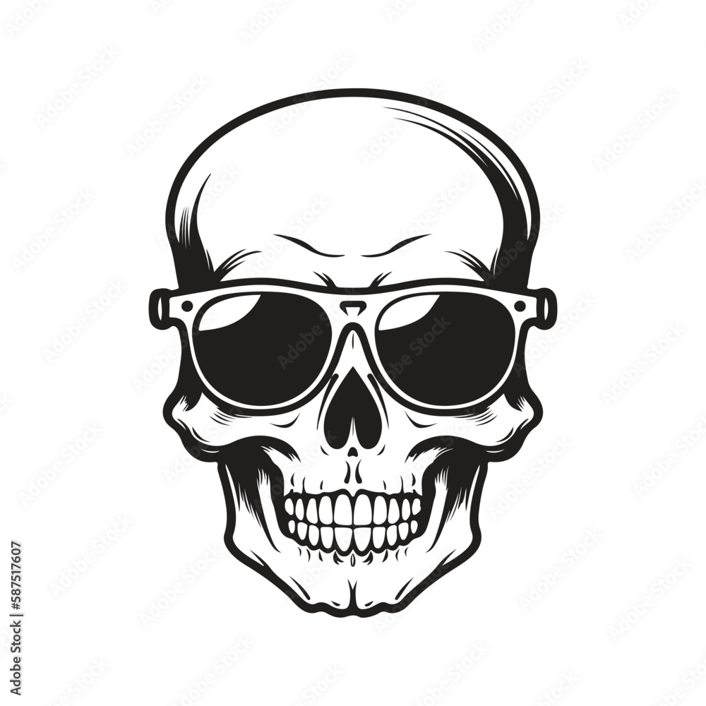 skull wearing sunglasses, logo concept black and white color, hand drawn illustration