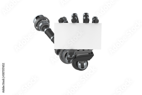 Digital image of black robotic hand with placard