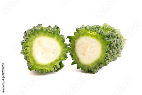 A Green Bitter Gourd Melon Isolated on a White Background