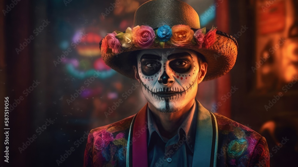 Man dressed for Mexican Day of the Dead. Created with Generative AI.