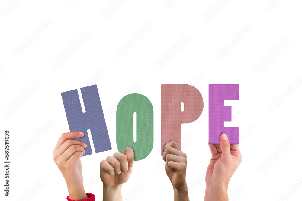 Colorful alphabet spelling hope held up by people Colorful alphabet spelling hope held up by people
