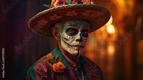 Man dressed for Mexican Day of the Dead. Created with Generative AI.
