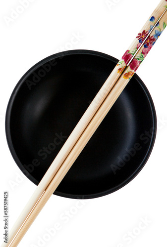 High angle view of chopsticks with black bowl