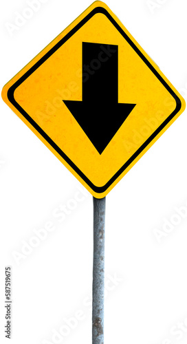 Black down arrow road sign over white background
