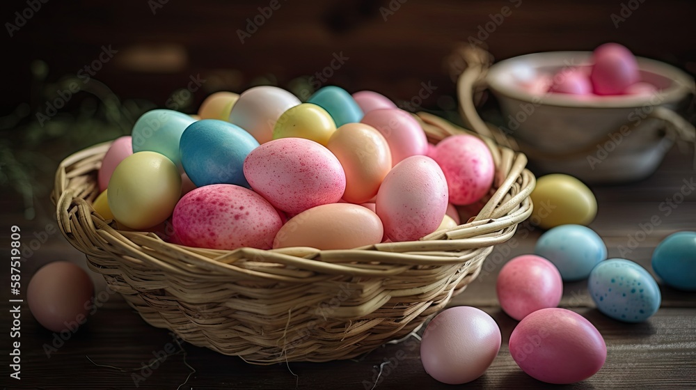 Wicker Egg basket full and surrounded by more eggs and bowl in the background Wicker Egg basket full and surrounded by more eggs and bowl in the background