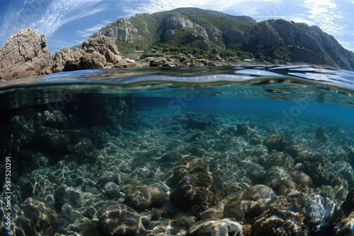 Split image of the water's surface and below it, showing a school of fish below and a rocky shore above it in the Mediterranean Sea off the coast of France's Pyrenees Orientales. Generative AI