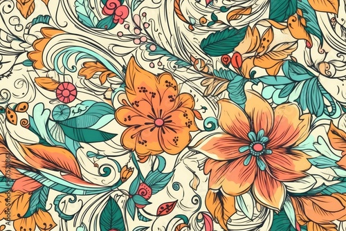 bright and colorful floral pattern with orange and blue flowers. Generative AI